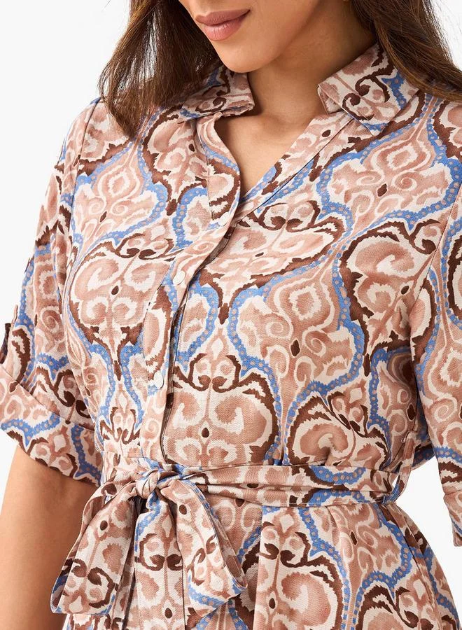 Splash FAV Belted Midi Shirt Dress with Printed Design