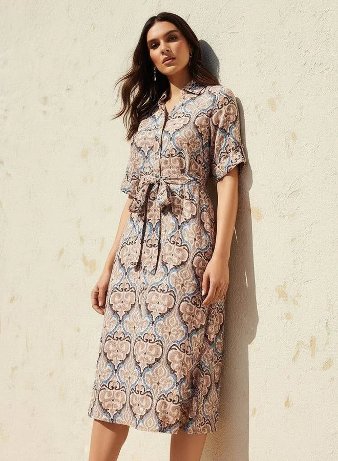 Splash FAV Belted Midi Shirt Dress with Printed Design