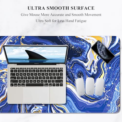 Auhoahsil Large Gaming Mouse Pad, Marble Theme XXL 35.4 x 15.7 in Desk Pad Stitched Non-Slip Rubber Long Computer Mousepad Thin Extended Full Size Desk Mat for Desktop Laptop Wireless Mice, Blue - Image 3
