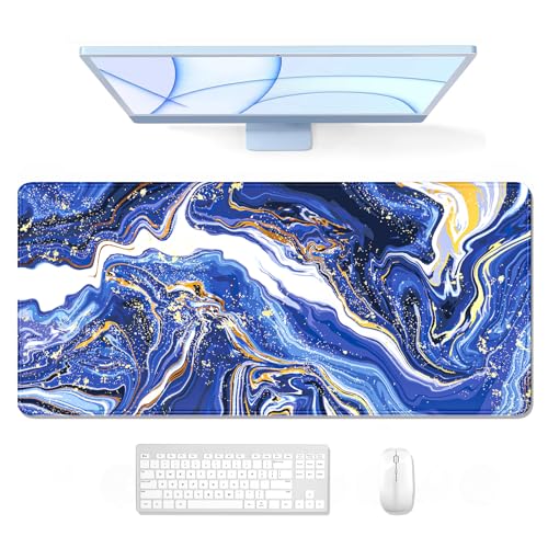 Auhoahsil Large Gaming Mouse Pad, Marble Theme XXL 35.4 x 15.7 in Desk Pad Stitched Non-Slip Rubber Long Computer Mousepad Thin Extended Full Size Desk Mat for Desktop Laptop Wireless Mice, Blue - Image 1