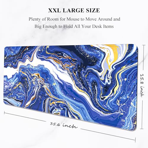 Auhoahsil Large Gaming Mouse Pad, Marble Theme XXL 35.4 x 15.7 in Desk Pad Stitched Non-Slip Rubber Long Computer Mousepad Thin Extended Full Size Desk Mat for Desktop Laptop Wireless Mice, Blue - Image 2