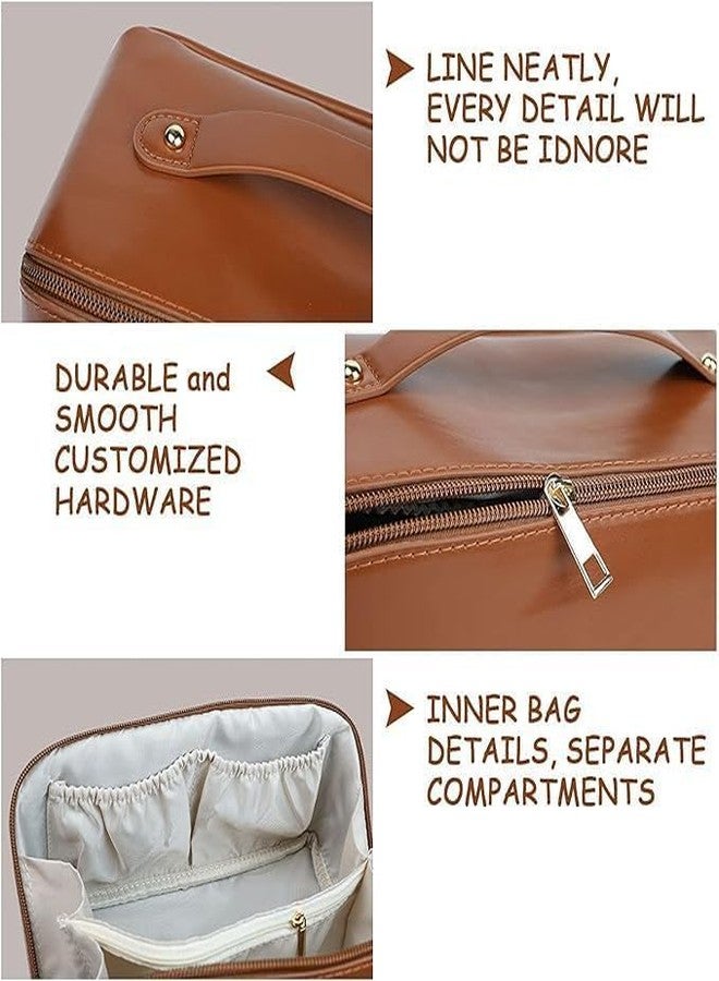 TADRUP Large Capacity Cosmetic Travel Bag, Waterproof Leather Makeup Organiser with Wide Opening and Dividers (Brown, 23 x 11.5 x 11.5 cm) - Image 2
