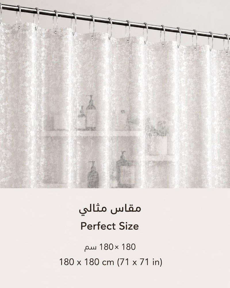 Waterproof Transparent Shower Curtain, PVC Leaf Pattern, White, 180 x 180 cm, with 12 Transparent Rings - Image 4