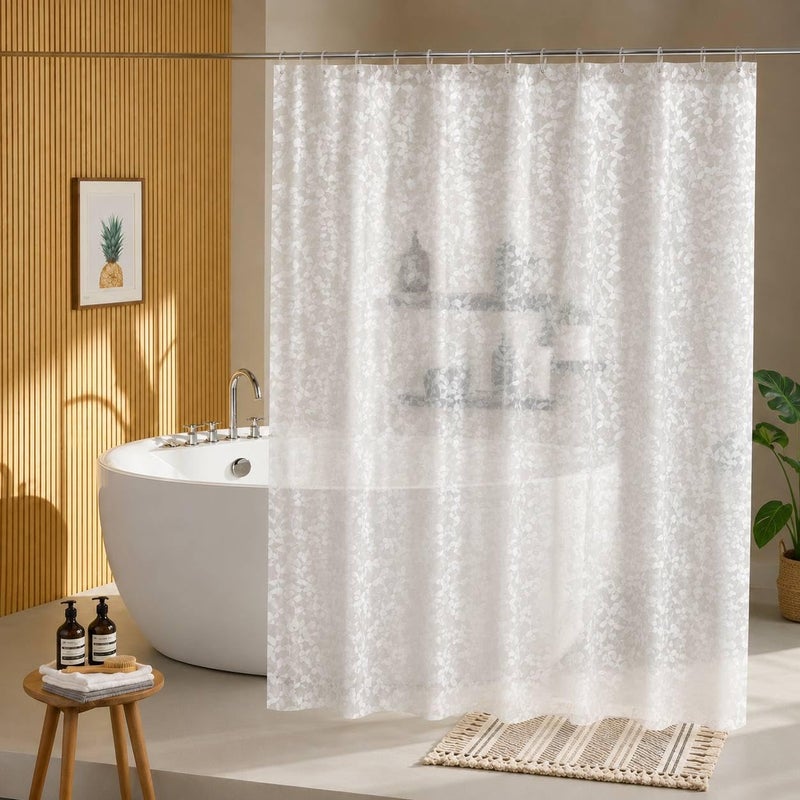 Waterproof Transparent Shower Curtain, PVC Leaf Pattern, White, 180 x 180 cm, with 12 Transparent Rings - Image 1