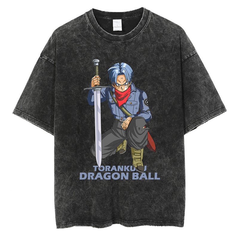 Washed Vintage T-Shirt Street Hip Hop Anime Dragon Ball Cartoon Printed Graphic Casual Cotton Summer Short Sleeve Street Tide 9 Vintage Black
