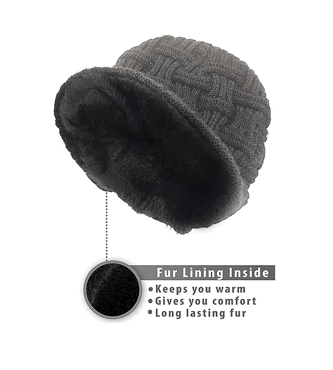 UMANI® Beanie Cap for Men Women Skull Slouchy Winter Woolen Knitted Inside Fur Men's Caps(Assorted Pattern) (Dark Grey BAENIE) - Image 3