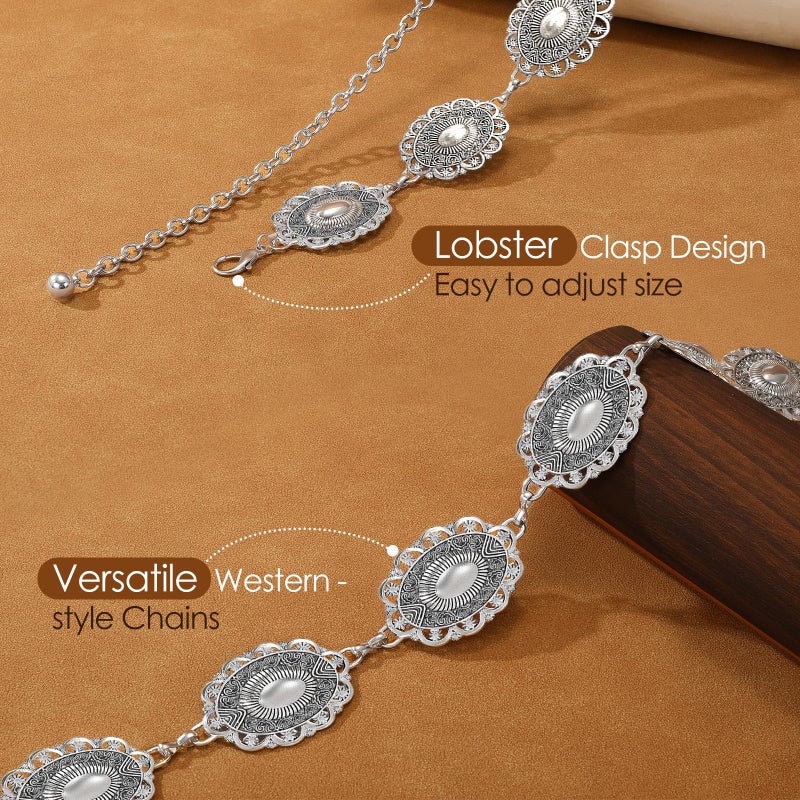 VONMELLI Western Belts for Woman Cowgirl Boho Concho Chain Waist Belt for Country Concert Dresses Jeans Silver-Shiny S - Image 2