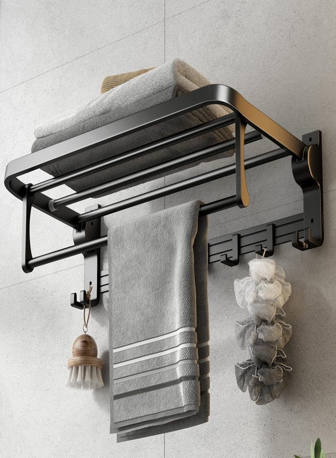 VOLPONE 24 Inch Towel Rack with Towel Bar Holder Foldable Towel Shelf with Movable Hooks Rustproof Towel Storage Wall Mount for Bathroom Lavatory Matte Black - Image 1