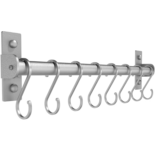 Dseap Kitchen Utensil Holder Hanger Pot and Pan Rack Wall Mounted Kitchen Rail with 8 Hooks for Hanging Cooking Utensils Mugs Spoons Wall Mounted Silver - Image 1