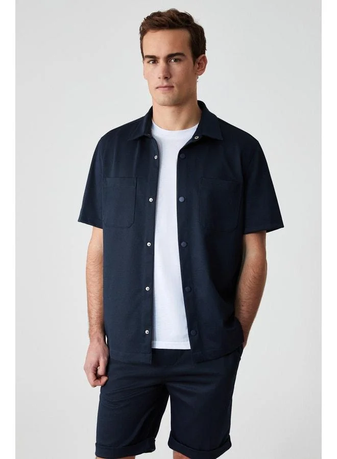 Grimelange MELOS Men's Short Sleeve Pocket Snap-Button Relaxed Fit Navy Shirt.