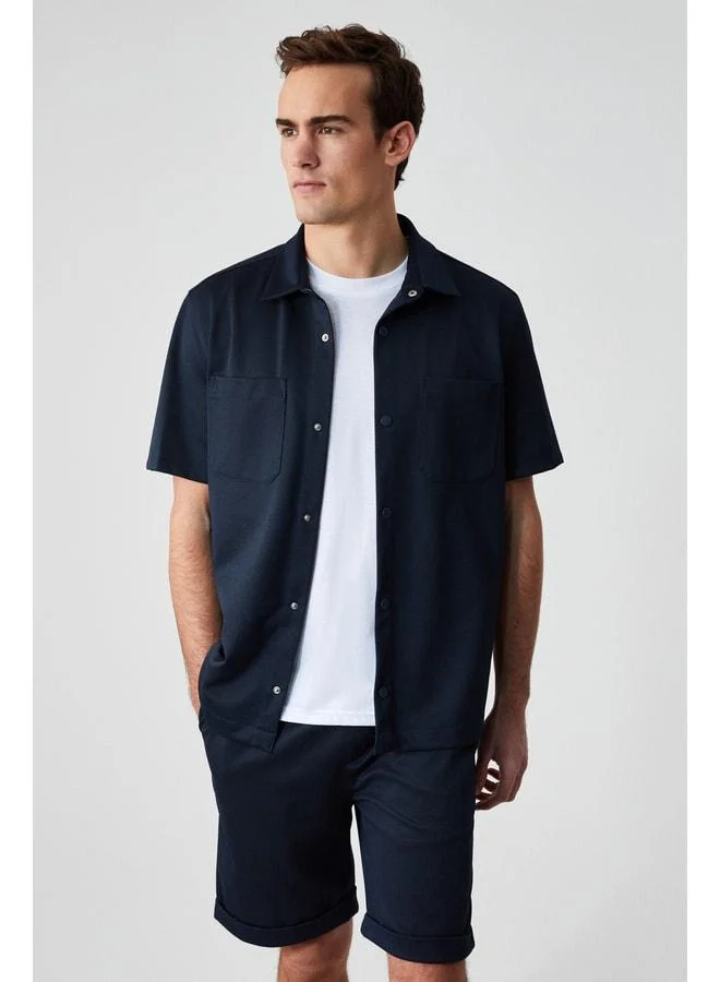 Grimelange MELOS Men's Short Sleeve Pocket Snap-Button Relaxed Fit Navy Shirt.