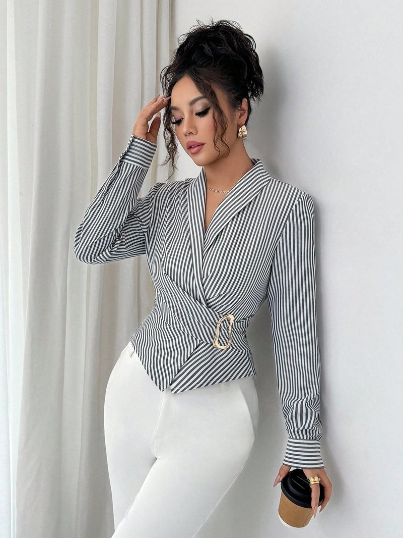 Women's Irregular Metal Button Belted Blouse Top - Image 5