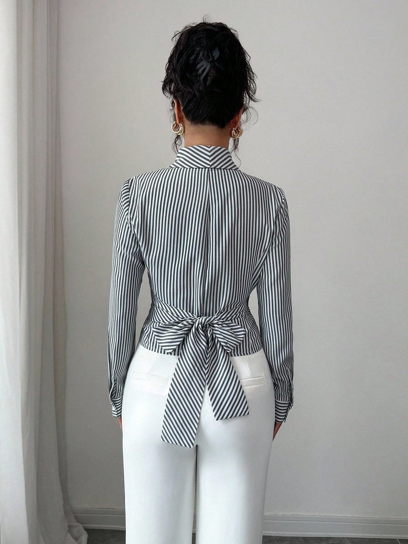 Women's Irregular Metal Button Belted Blouse Top - Image 2