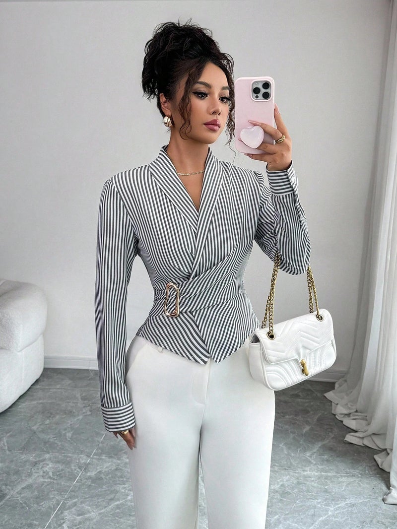 Women's Irregular Metal Button Belted Blouse Top - Image 1