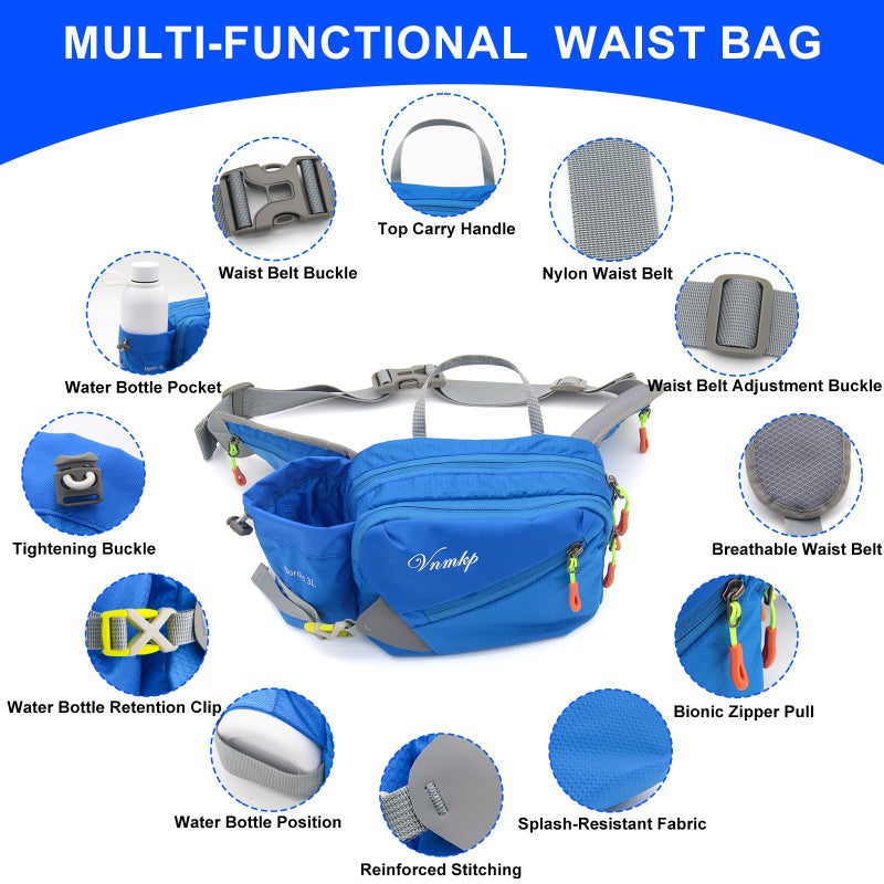 Vnmkp Waist Pack with Water Bottle Holder for Men and Women for Running Climbing Hiking Fitness Cycling and Other Outdoor Sports (Blueï¼‰ (Blue) - Image 4