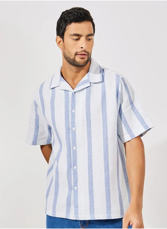 Styli Striped Cotton Dobby Resort Collar Relaxed Fit Shirt