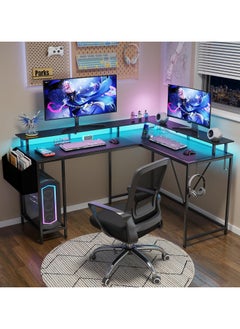 Alibaba 53 in (~134.6 cm) L-Shaped Desk, L-Shaped Game Table with Electrical Outlet and LED Lights, Computer Desk with Monitor Stand and Storage Pocket, Home Office Corner Desk with Hooks, Easy to Assemble, Grey Oak  - Image 5