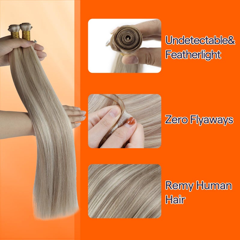 Full Shine Genius Weft Hair Extension Human Hair 20 Inch Blonde Human Hair Weft Color Ash Blonde Highlight Bleach Blonde Hair Extensions Real Human Hair Hand Tied Weft 60G - Image 3