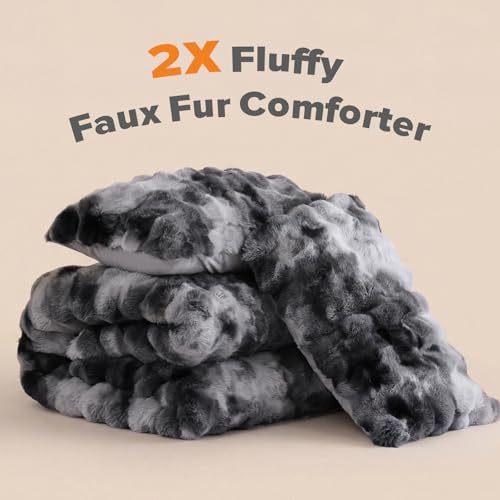 YIKUSH Tie-dye Grey Comforter Set Queen - Luxurious Faux Fur Comforter for Winter, Fluffy Comforter Queen Set with 2 Pillowcases, Soft Warm Tie-dye Grey Bedding Set - Image 2