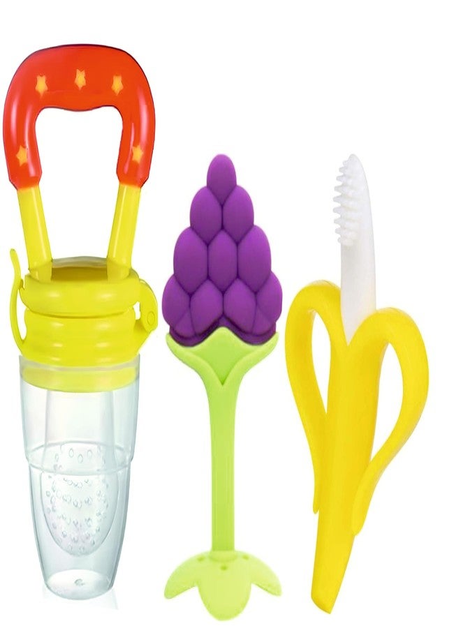 Roforuf Baby Banana Teether,Grapes Teether & Fruit Feeder Combo – Safe & Soft Teething Relief & Oral Care Perfect for Newborn Toddlers & Infant Baby - Pack of 3 (Yellow GRP) - Image 1