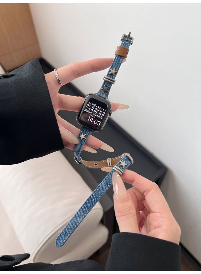 إسكدنيا حزام على شكل نجمة خماسية من الدنيم المغسول المصبوغ لساعة Apple Watch Iwatch98 الجيل 765 - اللون: أزرق (نمط طويل) - المواصفات: 38/40/41 - Image 1