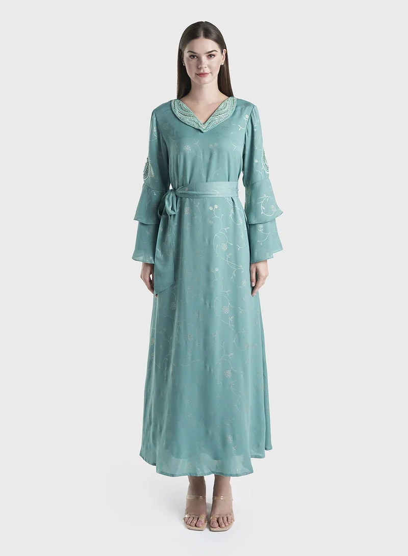 KASHKHA Foil Print Applique Handwork Long Dress (VDP218)