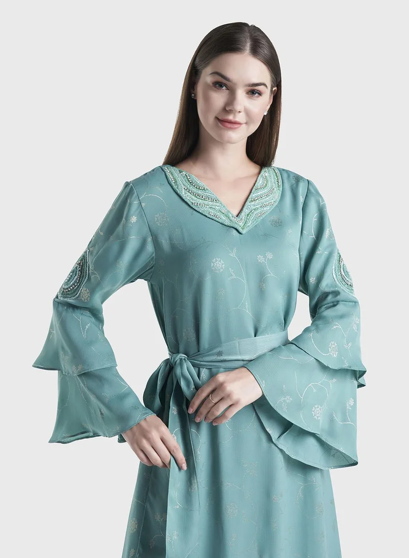 KASHKHA Foil Print Applique Handwork Long Dress (VDP218)