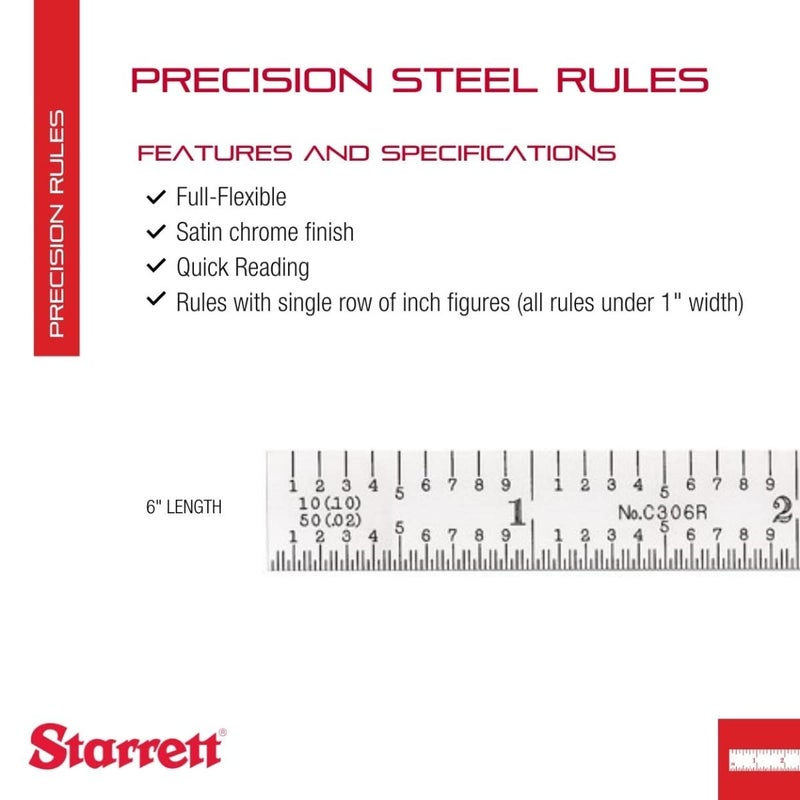 Starrett Starrett Full Flexible Steel Rule with Satin Chrome Finish Quick Reading and Inch Graduation  6 Length 6R Graduation Type 164 Thickness  C306R6  - Image 2
