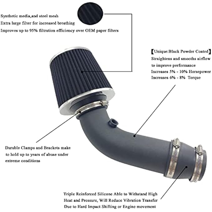 MOOSUN 3" Universal Cold Air Intake Kit Intake Pipe Kit Aluminium Automotive Air Intake Air Filter Induction Flow Hose Pipe Kit Black Filter - Image 2