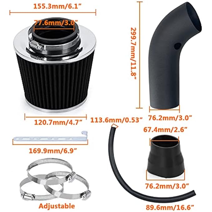 MOOSUN 3" Universal Cold Air Intake Kit Intake Pipe Kit Aluminium Automotive Air Intake Air Filter Induction Flow Hose Pipe Kit Black Filter - Image 4