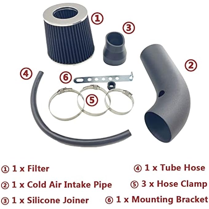 MOOSUN 3" Universal Cold Air Intake Kit Intake Pipe Kit Aluminium Automotive Air Intake Air Filter Induction Flow Hose Pipe Kit Black Filter - Image 3