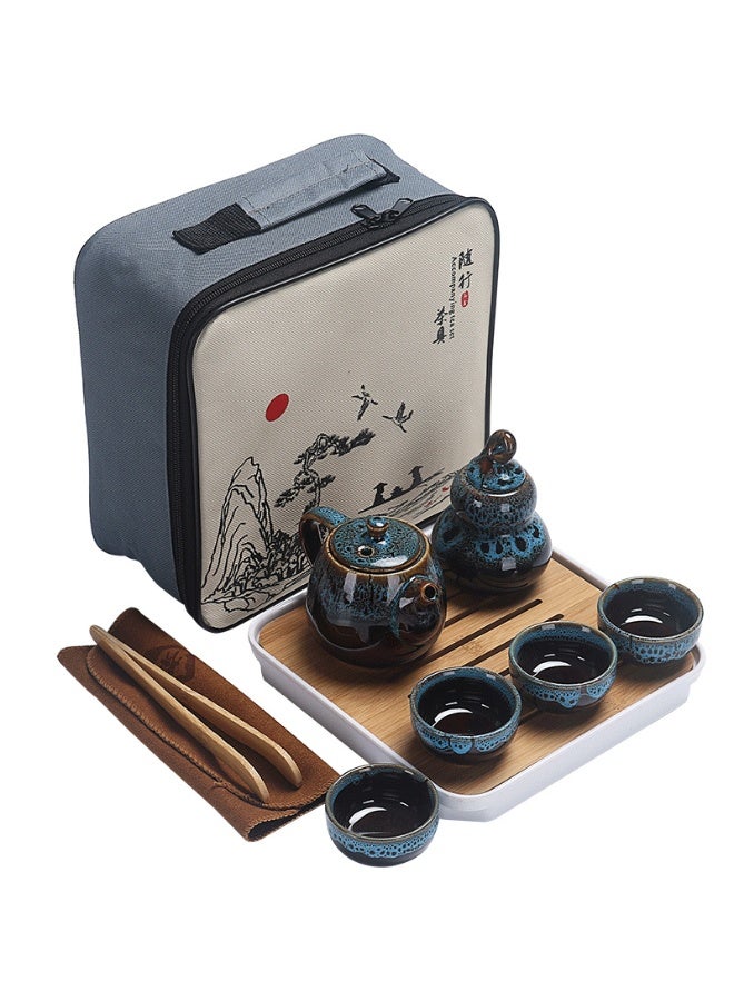AiQi Portable Kungfu Tea Set with Kiln-Change Glaze – 1300°C Fired Ceramic Tea Pot 220ml, 4 Cups, Tea Canister & Bamboo Tea Tray – Travel, Office, Camping Tea Ceremony Gift Set - Image 1