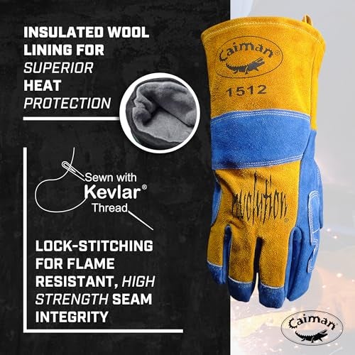 Caiman Premium Split Cowhide MIG/Stick Welding Gloves, Wool Lining, Kontour, Kevlar, Blue/Gold, Large (1512) - Image 5