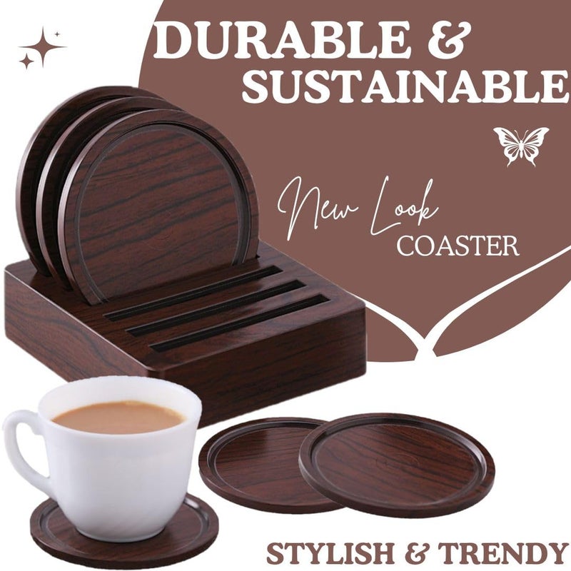 Nabhya أكواب شاي مصنوعة من البلاستيك والفولاذ بتصميم أنيق، أكواب قهوة/علب بيرة، أكواب بار وزجاجات ماء - مجموعة من 6 و1 حامل (بني) - Image 3