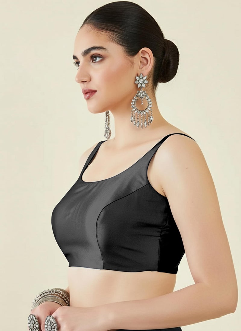 Mehrang Classic Sleeveless Silk, Traditional Scoop Neck Design, Readymade Saree Blouse for Women Stylish (Black, M) - Image 5