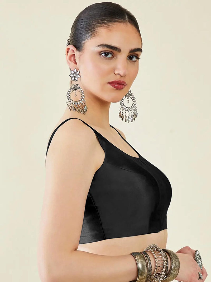 Mehrang Classic Sleeveless Silk, Traditional Scoop Neck Design, Readymade Saree Blouse for Women Stylish (Black, M) - Image 3