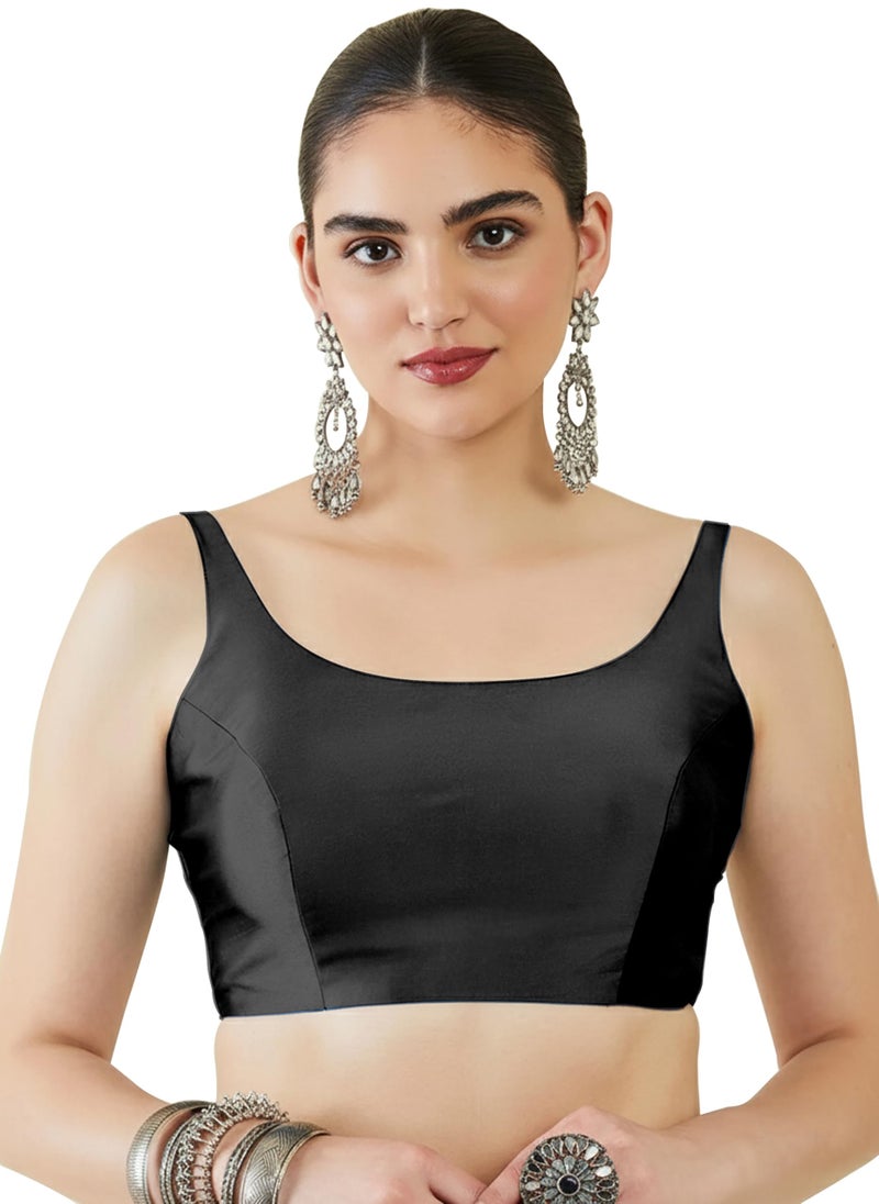 Mehrang Classic Sleeveless Silk, Traditional Scoop Neck Design, Readymade Saree Blouse for Women Stylish (Black, M) - Image 1