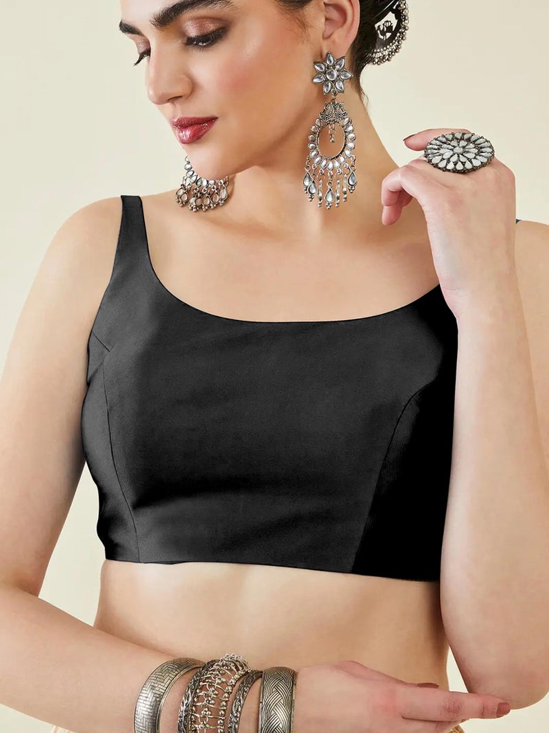 Mehrang Classic Sleeveless Silk, Traditional Scoop Neck Design, Readymade Saree Blouse for Women Stylish (Black, M) - Image 4