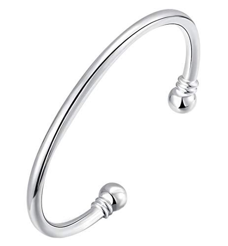 Greendou 925 Sterling Silver Bangle Bracelet, Greendou Fashion Simple Open Bangles Two Bead Cuff Jewelry for Men Women - Image 1
