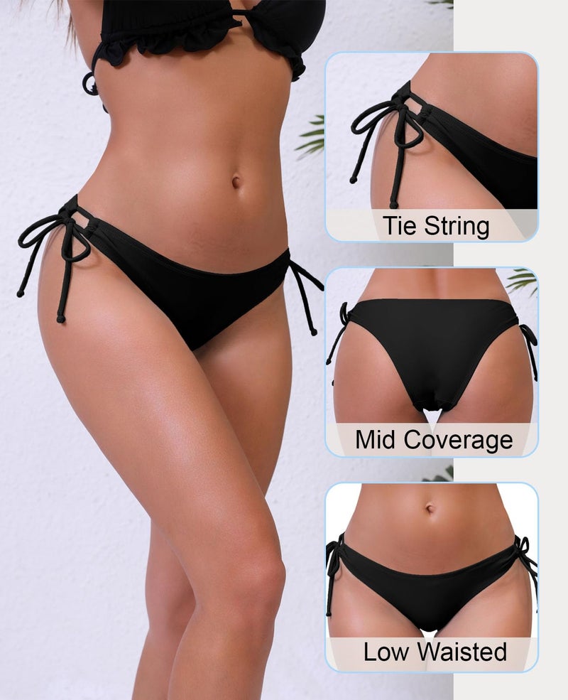Halcurt Women's Low Rise Tie Side Swim Bikini Bottoms Moderate Coverage String Swimsuit Bottoms Black S - Image 4