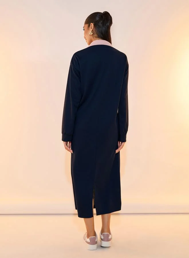 Take Two Slogan Print Detail Half Zipper Midi Dress