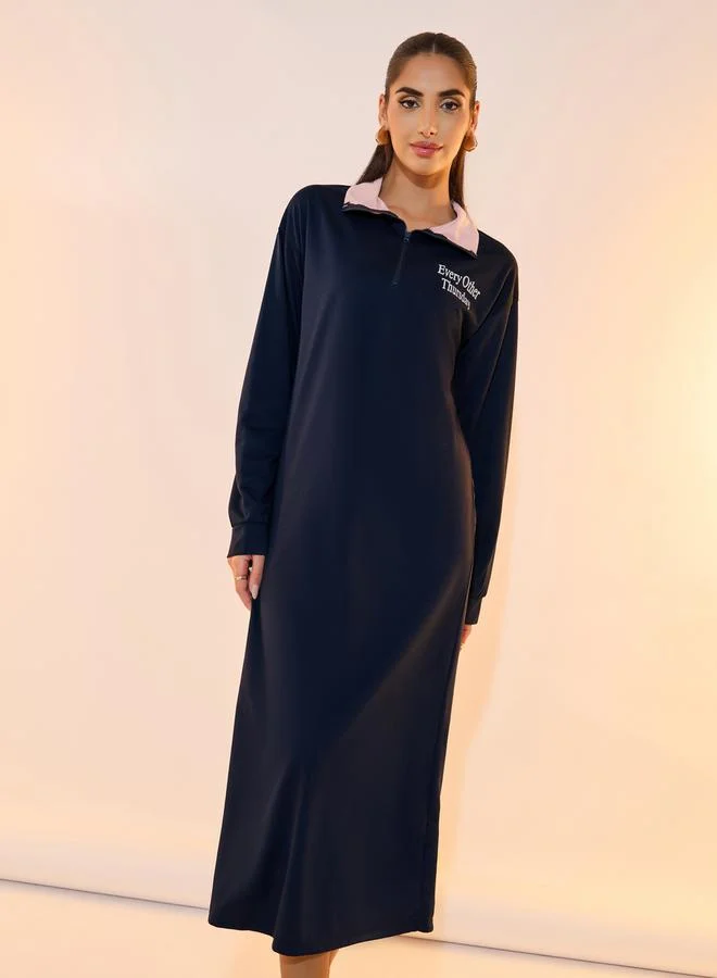 Take Two Slogan Print Detail Half Zipper Midi Dress