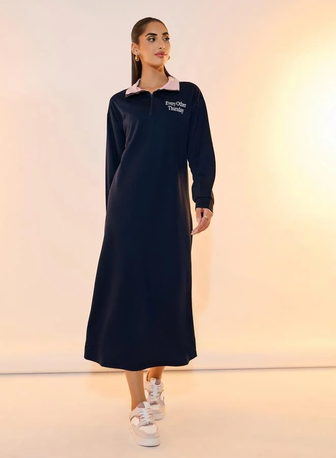 Take Two Slogan Print Detail Half Zipper Midi Dress
