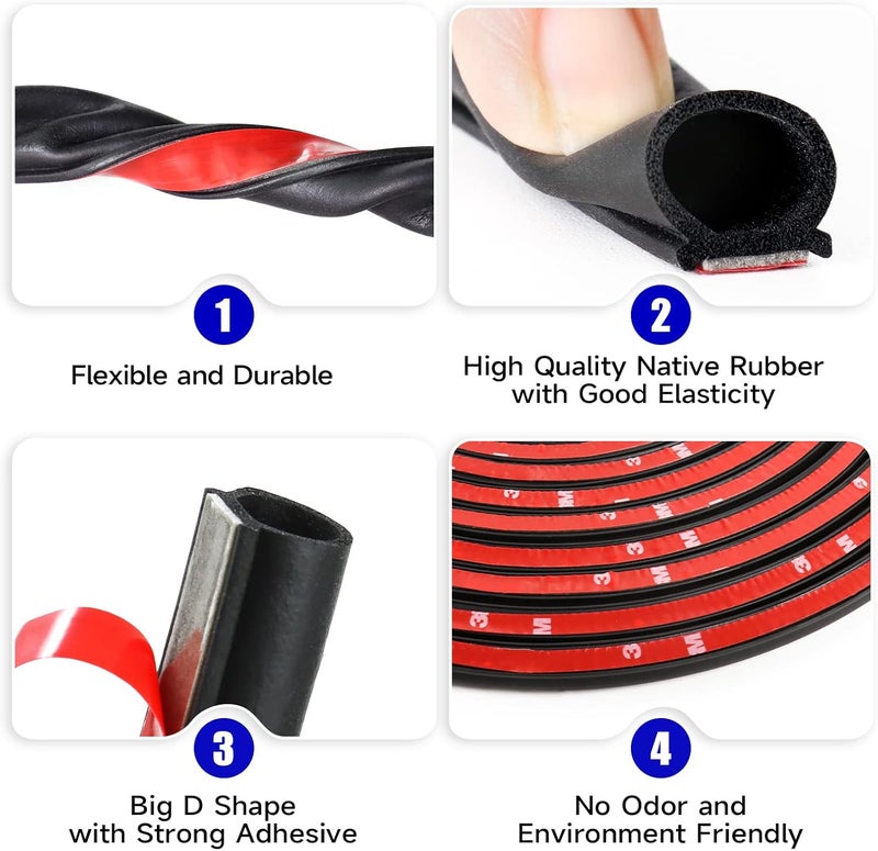 EdgeSeal شريط ختم مطاطي على شكل D لأبواب السيارات - 28 قدم من شريط الطقس الأسود مع لاصق ذاتي - Image 4