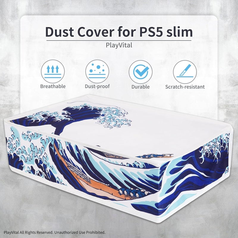 غطاء غبار أفقي من لإصدار PS5 Slim مع مشغل الأقراص (التصميم الأصغر الجديد)، واقي نايلون مقاوم للغبار وغلاف مقاوم للماء لوحدة PS5 Slim - الموجة العظيمة - Image 3