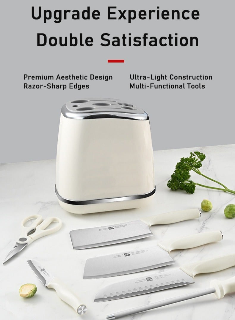 طقم سكاكين أبيض عاجي من الفولاذ المقاوم للصدأ من 7 قطع من الفولاذ المقاوم للصدأ الممتاز مع رفّ، حاد للغاية، مريح ومتين للطهي دون عناء - Image 2