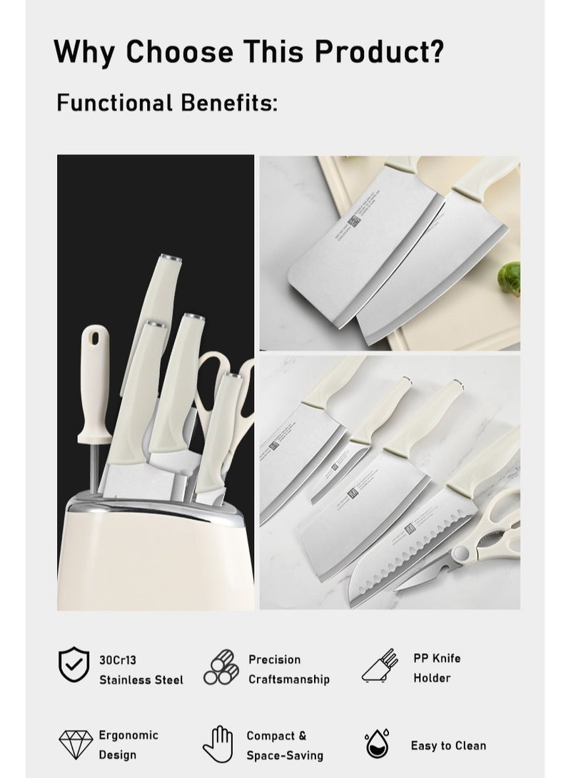 طقم سكاكين أبيض عاجي من الفولاذ المقاوم للصدأ من 7 قطع من الفولاذ المقاوم للصدأ الممتاز مع رفّ، حاد للغاية، مريح ومتين للطهي دون عناء - Image 4