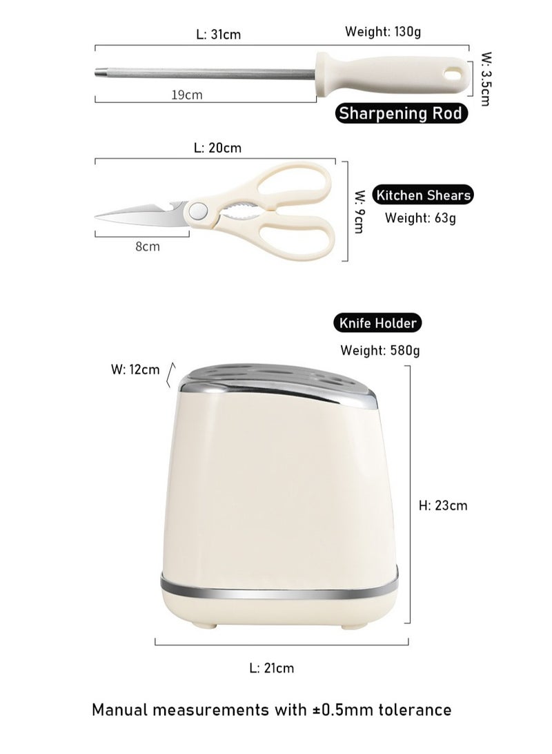 طقم سكاكين أبيض عاجي من الفولاذ المقاوم للصدأ من 7 قطع من الفولاذ المقاوم للصدأ الممتاز مع رفّ، حاد للغاية، مريح ومتين للطهي دون عناء - Image 5