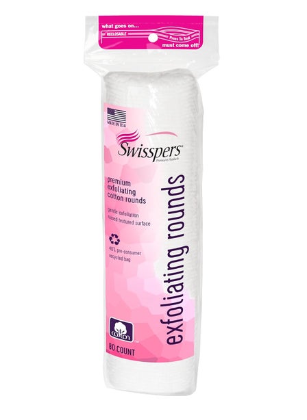 Swisspers Premium Exfoliating Rounds, 2 Distinct Raised Textured Surface, Cotton Facial Pads, 80 Count Re-closable Bag