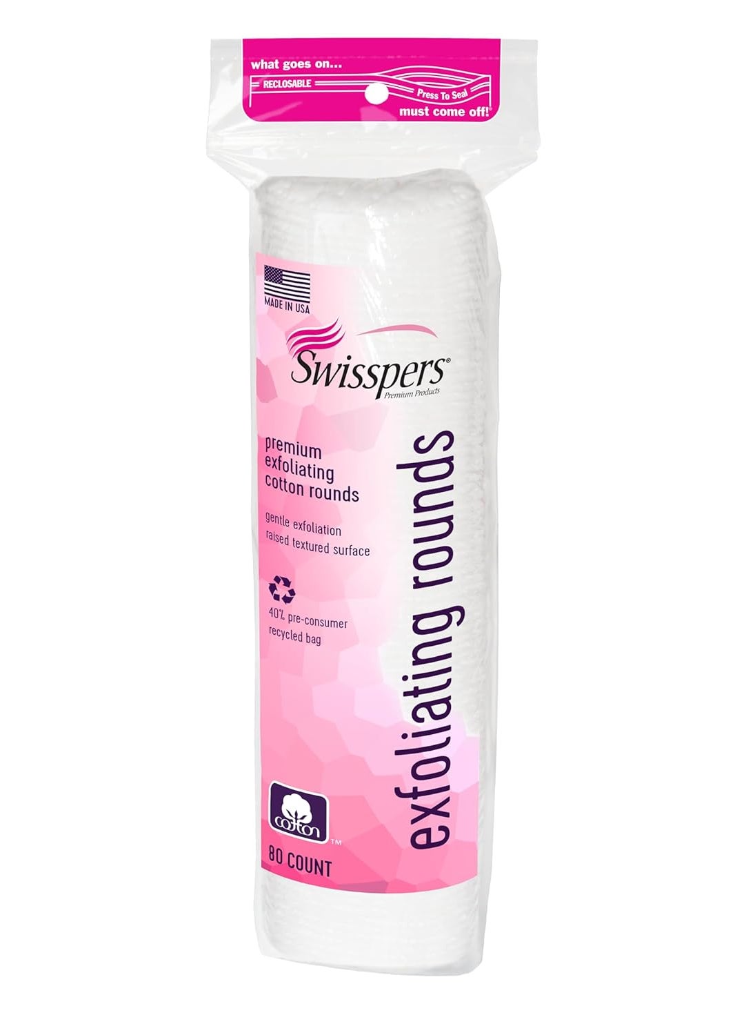 Swisspers Swisspers Premium Exfoliating Rounds, 2 Distinct Raised Textured Surface, Cotton Facial Pads, 80 Count Re-closable Bag 